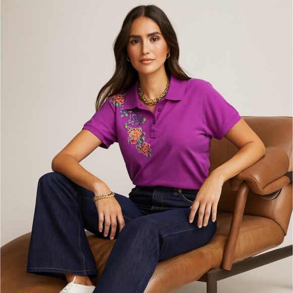 JOHNNY WAS JWLA Lorne Floral Embroidered Polo Top Violet Purple Sz XL $198 {B22} - Picture 1 of 5